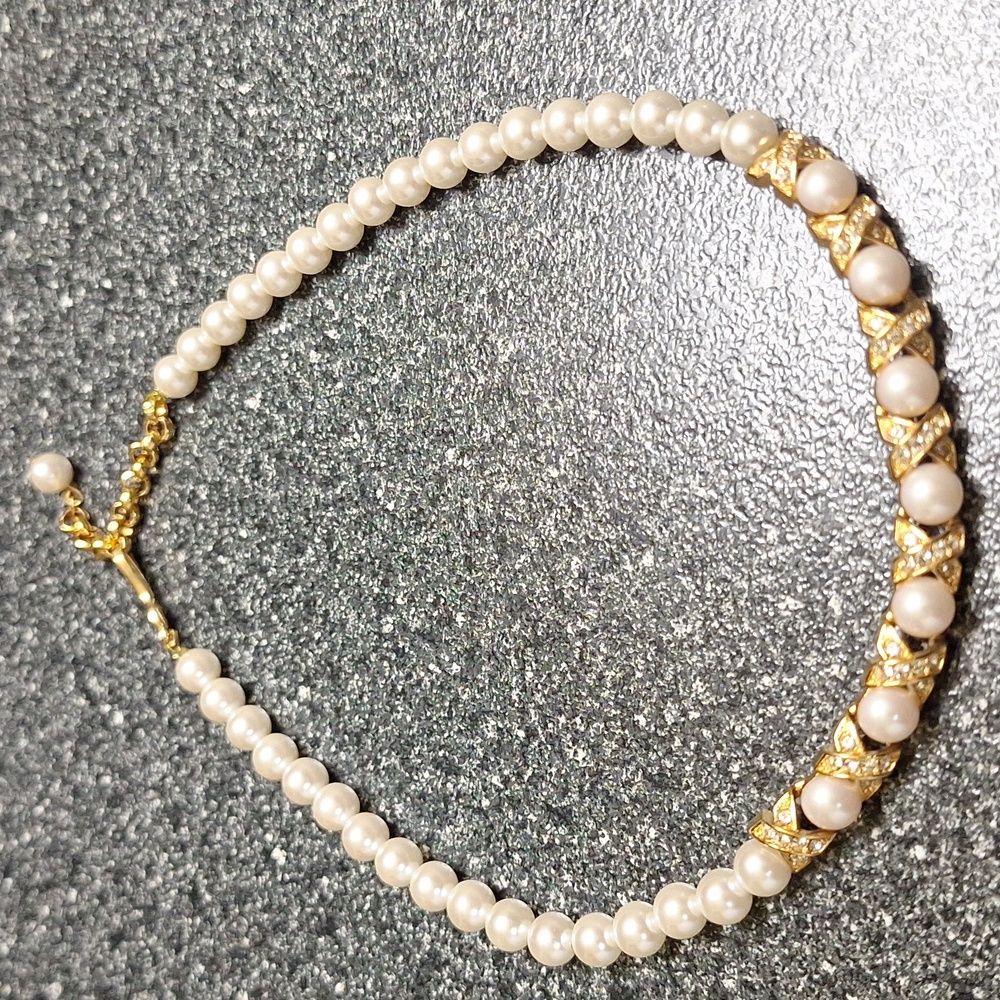 Beautiful Napier Faux Pearl and Gold Tone X's with Rhinestones Necklace